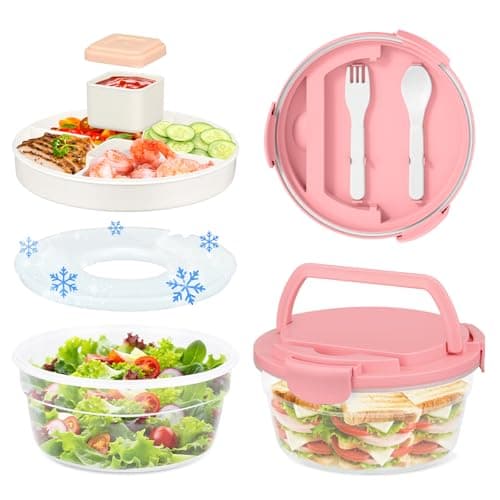 Reeple Salad Container for Lunch, Bento Lunch Box 58-oz with 4 Compartments Tray and Ice Pack, Leak-Proof Salad Bowl with Lid for Adults, BPA-Free Lunch Box for Meal Prep & Food Storage (Pink)
