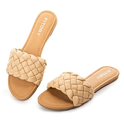FITORY Womens Flat Sandals Fashion Round Open Toe Slip On Slides Size 8 Apricot