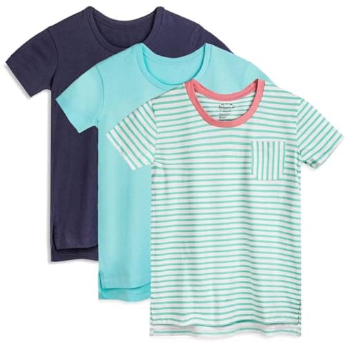 Mightly Girls' Scooped Neck Short Sleeve T Shirts | 100% Organic Cotton, Colorful Casual Stylish Clothes, Soft & Basic Scooped Neck Tee, Set for Toddlers and Kids, 3-Pack - Blue - 4T-5T