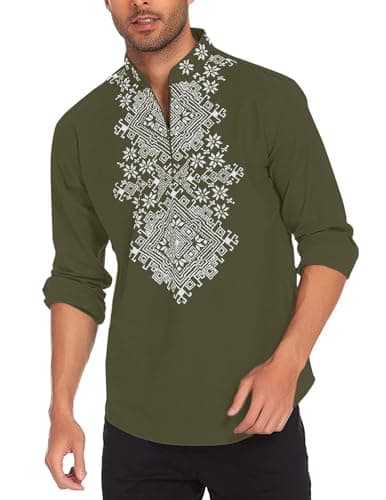 COOFANDY Men's Henley Shirt Vyshyvanka Long Sleeve African Print Shirts Casual Zip Up Cotton Linen Beach Hippie Shirt Army Green