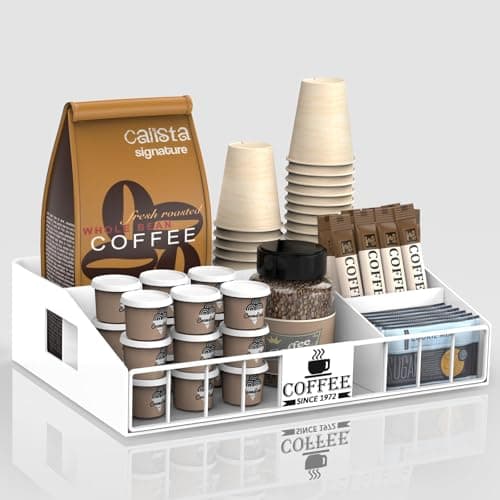 LWSFF Metal Coffee Station Organizer for Countertop - Coffee Bar Organizer with Designable DIY Logo, K Cup Pods Holder & Tea Condiment Storage - Rustic Breakroom Kitchen Decor in White （1 Pcs）