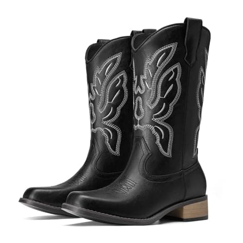 Athlefit Cowboy Cowgirl Boots for Women Mid Calf Square Toe Comfortable Slip On Chunky Low Heel Embroidered Mid Calf Boots Black Brown Size 9,SAMB2605W