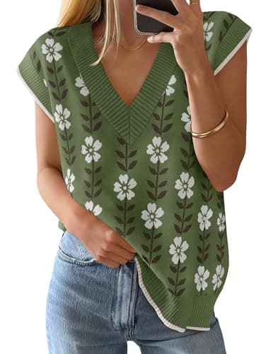 ZESICA Women's Floral V Neck Sweater Vest 2026 Summer Oversized Sleeveless Loose Knit Tank Tops Casual Outfits Dusty Green Large