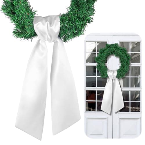 VitalCozy White Wreath Sash for Front Door Blank Satin Tulle Bow Wreath Sash Embroidery Monogram Plain Ribbon Accessories for Xmas Party Yard Doorway Indoor Outdoor Wall (4.5'' X 56'',Satin)