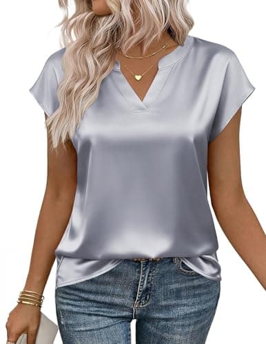 Zeagoo Dressy Tops for Women Satin Silk Blouses V Neck Cap Sleeve T Shirts