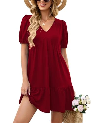 Naggoo Womens Summer Dresses Casual Beach V Neck Short Puff Sleeve Ruffle Swing Mini Sun Dress with Pockets Wine Red XXL