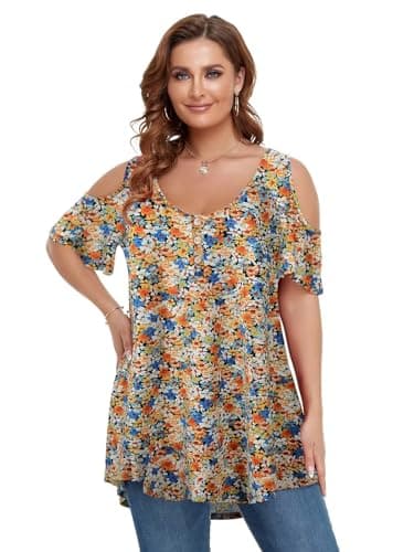 LARACE Cold Shoulder Tops for Women Plus Size V Neck T Shirts Short Sleeve Summer Clothes Tunics to Wear with Leggings (A-Orange38 6X)