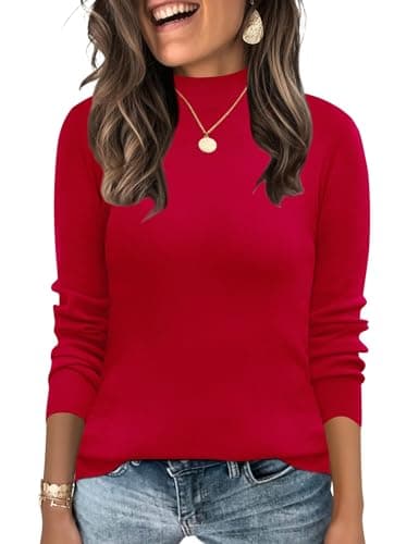 LOMON Mock Neck Tops for Women Long Sleeve Ladies Base Layer Dressy Casual High Neck Undershirts Fall Winter Pullover Knitted Sweater Red