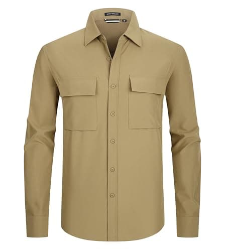 Mens 8-Way Super Stretch Two Pockets Casual Button Down Shirts,Khaki,L