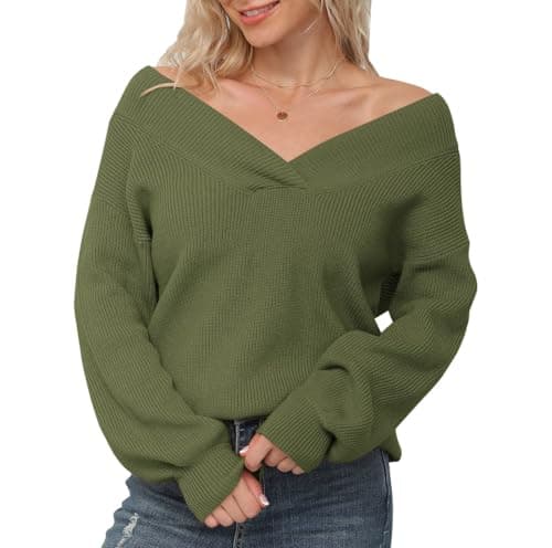 Feiersi Women's Off Shoulder Sweater Long Sleeve Loose Tops V-Neck Pullover Knit Jumper(Army Green,X-Small)