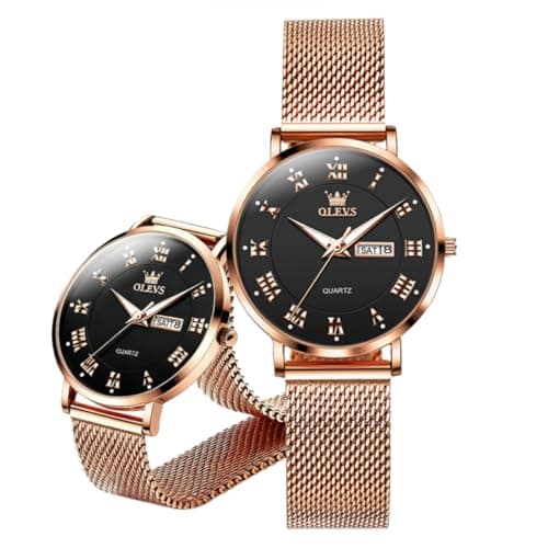 OLEVS Day Date Black and Gold Plated Watches for Women Black Dial Rose Gold Mesh Strap Roman Numeral Quartz Waterproof Modern Dress Women's Watch for Her Everyday Luxury