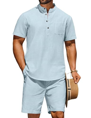 COOFANDY Men's 2 Pieces Set Casual Short Sleeve Henley Shirts and Shorts Pants Summer Beach Vacation Outfits