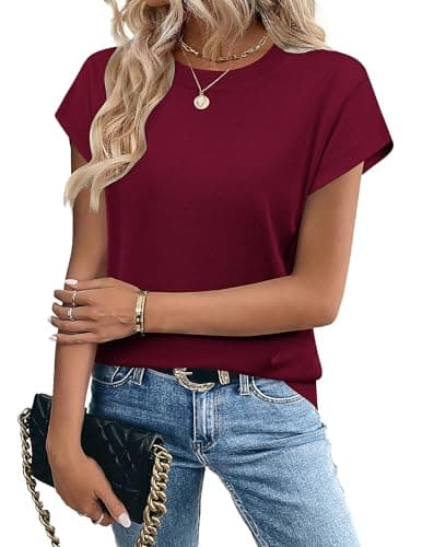 Zeagoo Womens Summer Short Sleeve Tops Crew Neck Pullover Sweaters Cap Sleeve Dressy Casual Wine Red Basic Clothes
