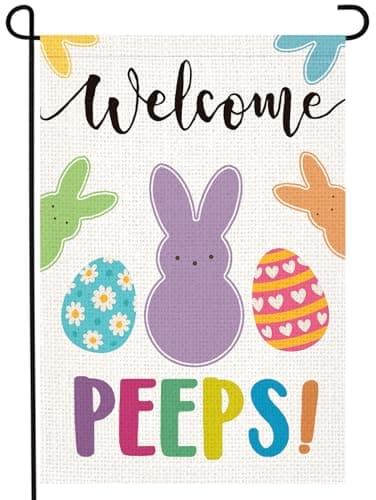 LosFong Welcome Easter Garden Flag 12x18 Inch Double Sided Burlap Bunny Peeps Small Garden Flags, Lawn Yard Flag for Outdoor Decoration