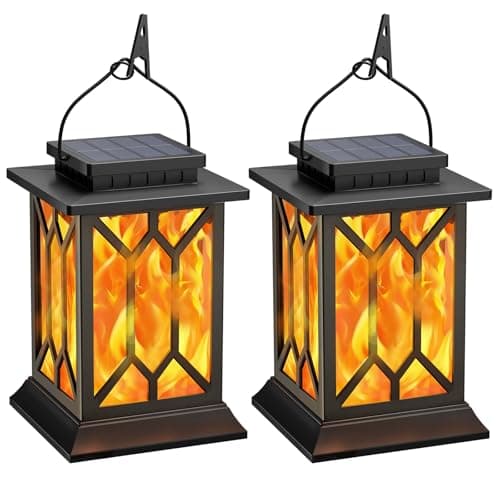 BOBKID 2 Pack Solar Lanterns Outdoor Waterproof, Flickering Flame Outdoor Lights, Hanging Solar Lantern Lamps Decorative, Solar Powered Lighting for Outside Garden Yard Patio Path Tree Decor
