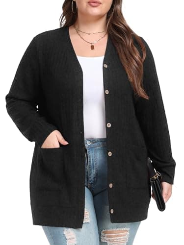 OLRIK Women's Plus Size Ribbed Button Down Cardigan 2026 Black-4X