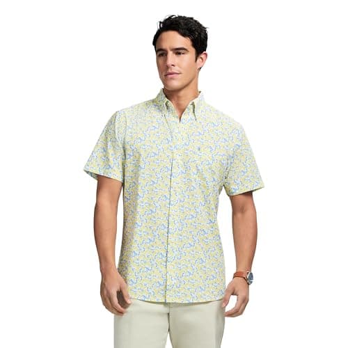 Izod Men's Breeze Short Sleeve Button Down Patterned Shirt, Lemon Meringue, Small