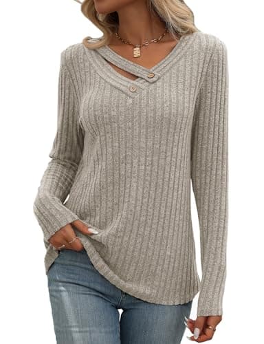 Misyula Style Going Out Tops for Women Long Sleeve, Trendy V Neck Fall Sweaters Lightweight Knitted Pullover Ladies Casual Office Blouses,Apricot,L