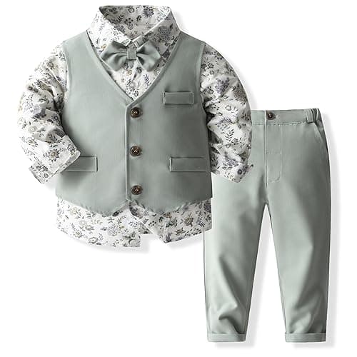Kimocat Boys' 4-Piece Formal Suit Set Dress Shirt Vest Pants and Tie Wedding Birthday Party Suit (as1, Age, 1_Year, Light Green)