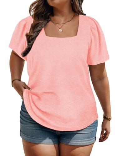 Plus Size Tops for Women 2X Casual Puff Sleeve Tunics Square Neck T Shirts Light Pink