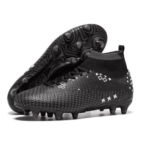 HORRSEYLLO Men's High Tops Soccer Cleats Lace Up Women Lightweight Professional Fooball Boots Athletic Rugby Shoes for Training Sneaker Black/White/Grey