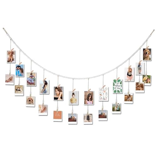 6 Feet Wooden Beads Garland with Clothespins Picture Cards Holder - Country Farmhouse Christmas Nursery Boho Holiday Decorations with Clips
