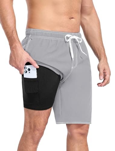 YnimioAOX Men Swim Trunks 9 Inch Compression Liner Quick Dry, Light Gray, M