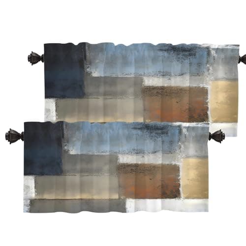 Batmerry Blue Kitchen Valances for Windows, Brown and Black Cafe Curtains Dusty Blue Valance Navy Blue Window Curtain Multilayer Polyester Blackout for Living Room/Bathroom, 2 Pack 52X18 Inches