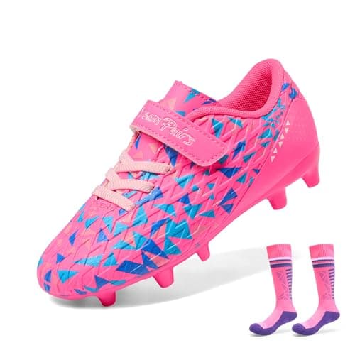 DREAM PAIRS Boys Girls Soccer Cleats Kids Firm Ground Football Shoes for Little/Big Kid with Soccer Socks,Size 13 Little Kid,Hot Pink/Royal Blue,SDSO2307K-ACC-1