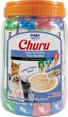 INABA Churu Cat Treats, Lickable, Squeezable Creamy Purée Cat Treat with Green Tea Extract & Taurine, 0.5 Ounces Each Tube, 50 Tubes, Tuna Variety