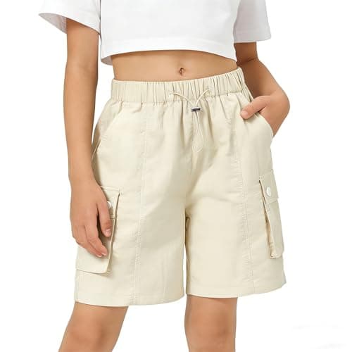 Rolanko Girls Cargo Shorts Lightweight Parachute Short Pants with Pockets Summer Cargo Shorts for Kids Casual Hiking Sports (Beige, 10-11 Years)