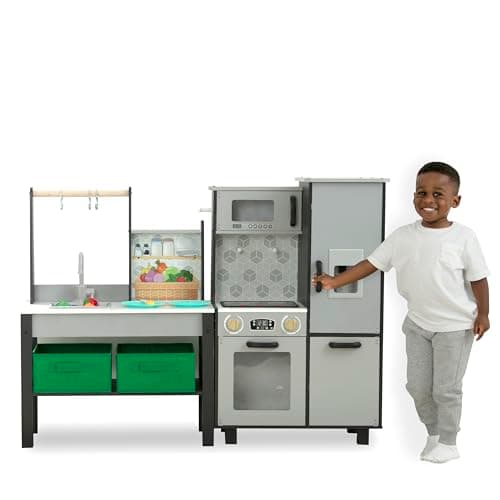 Delta Children Gourmet All-in-One Corner Play Kitchen - Toy Kitchen Playset with Safe & Heatless Stove with Lights, Oven, Sink, Fridge/Freezer with Ice Maker and 20 Accessories, Grey