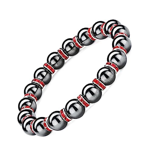 Apocalyptic-K Women's Magnetic Bracelet，Hematite Bracelets，Magnetic Bracelets With Zirconia,Handmade Stretch Bracelet，Eliminates static electricity. (Red Zirconia，8MM)