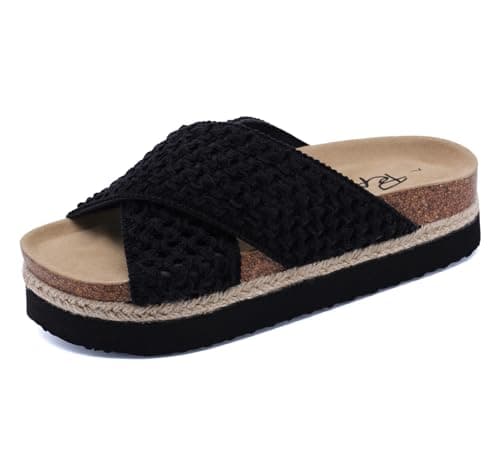 PepStep Slide Sandals for Women with Soft Cork Footbed and Strap, Ladies Fashion Platform Slide Sandals Comfortable Slip On Style(8,Crochet Black)