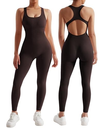 RXRXCOCO Women Backless One Piece Jumpsuits Sleeveless Bodycon Romper Seamless Workout Yoga Jumpsuits Dark Brown Medium
