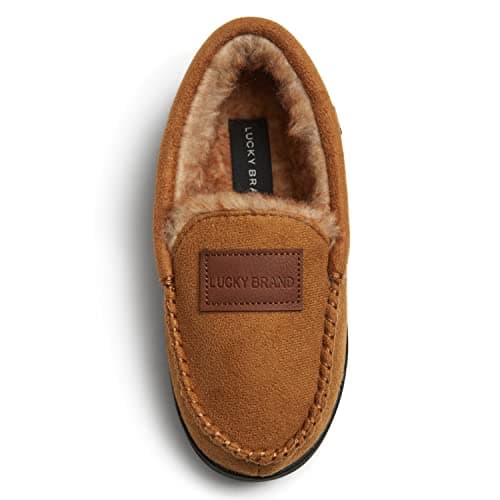 Lucky Brand Boy's Micro Suede Fuzzy Lined Moccasin Slippers for Kids, Tan, Size 5