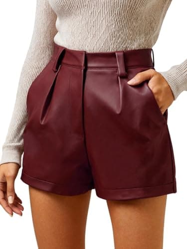 XinYangNi Faux Leather Shorts for Women Pleather Elastic High Wasited Pleated Wide Leg Dressy with Pockets Wine Red Medium