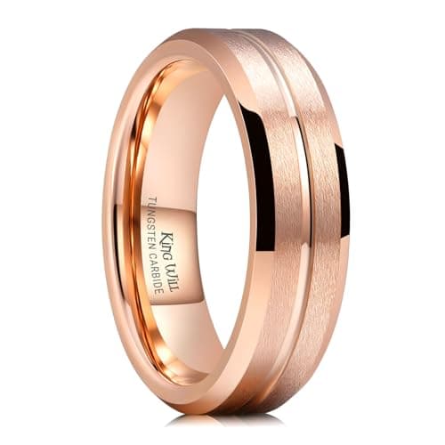 King Will 6mm Tungsten Wedding Band Rose Gold Grooved Center Size 7
