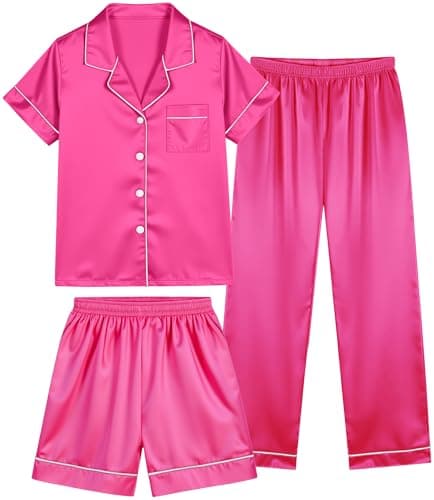 HONGTEYA 3 Piece Girls Clothes Sets, Silk Satin Teens Outfit Size 8-15 Years (US, Age, 10 Years, 11 Years, Rose Red)