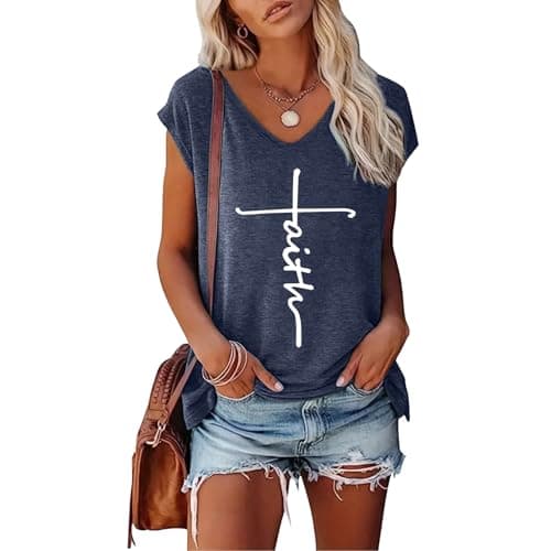 LOOKFACE Women's Faith V-Neck Tees Cap Sleeve Graphic T-Shirts Heather Navy XX-Large