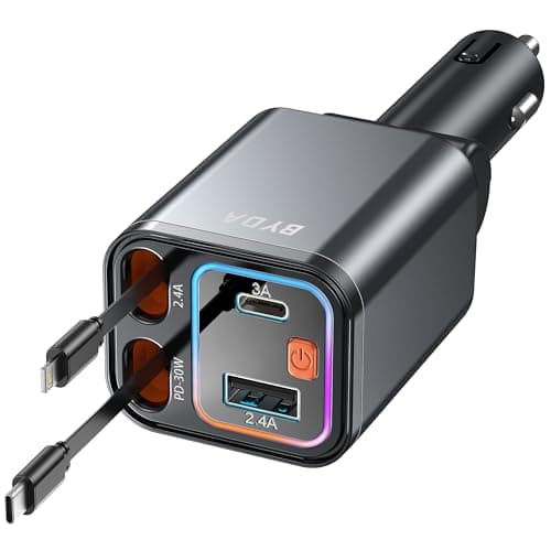 4 in 1 Retractable Car Charger,69W USB-C Fast Car Charger, for iPhone 17/16/15/14/13/12/11, Android,Pixel,Cigarette Lighter Charger (for Type C+Lightn-ing)