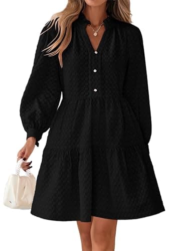 Lazysmile Dresses for Women Long Sleeve V Neck Button Down Ruffled Flowy Fall Casual Babydoll Tunic Dress Black