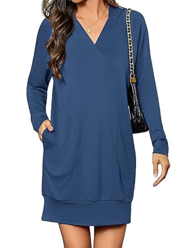 Totatuit Women Pullover Oversized Sweatshirt Dress Long Sleeve V-Neck Hoodies Dress with Pockets Plain Sweatshirt Basic Fall Outfits Dark Blue L