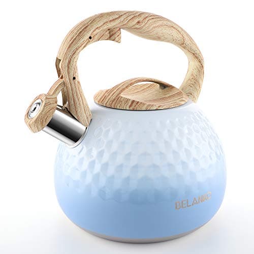 BELANKO 2.7 Quart Tea Kettle for Stovetop - Food Grade Stainless Steel with Diamond Texture, Designer Teapot Look, Cool-Touch Wood Pattern Handle, Whistling Spout - Gradient Blue