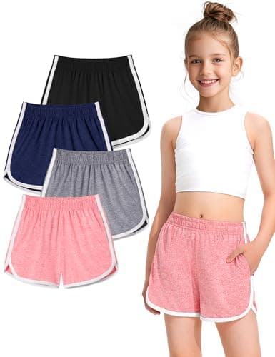 BOOPH 4 Packs Girls Shorts Quick Dry Kids Athletic Soccer Running Shorts 11-12Y L-Gray O-Pink Navy Black