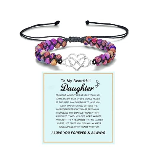 LIU JUN To My Daughter Infinity Forever Love Heart Bracelet For Women, Adjustable Double Layer Natural Emperor Stone Beaded Wrap Charm Gift Jewelry (Infinity Heart Blue Card)