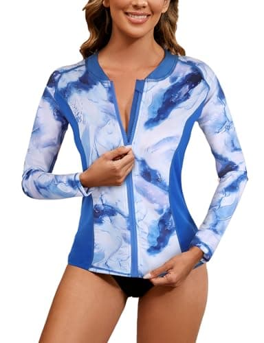 LURANEE Womens SPF Swim Shirt,Women's Zip Up Rash Guards for Women Long Sleeve Swimsuit UV Sun Protection Swim Shirts Blue Tie Dye L