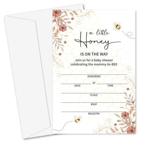 Yuansail Bee Baby Shower Invitation Cards, Floral Fill In Invites Cards - a Little Honey Is On The Way, 25 Pcs 4x6 Inches Cards And Envelopes -05
