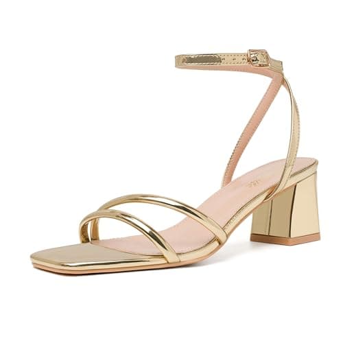 Lucibenita Womens Heeled Sandals Open Toe Low Heel Dress Shoes, Gold, 6.5