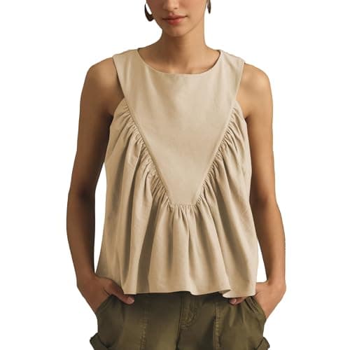 Hixiaohe Shirred Swing Tank Tops for Women Fashion Flowy Sleeveless Shirts Casual Crew Neck Blouse Loose Fit Ruffled Tops(Khaki,XS)